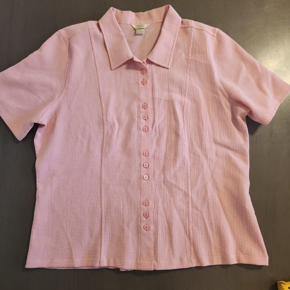 Christopher Banks Vtg Size L Pink Seersucker Blouse Pleats Back Modest Soft Girl